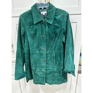 Denim & Co Green Suede Leather Jacket Womens Medium Button Front Coat Emerald